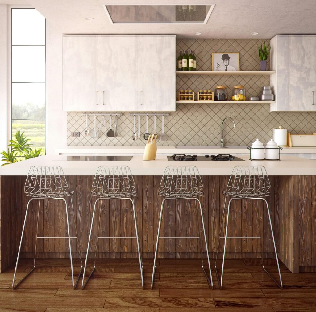 automotive Chic minimalist kitchen design featuring wooden accents and modern bar stools.